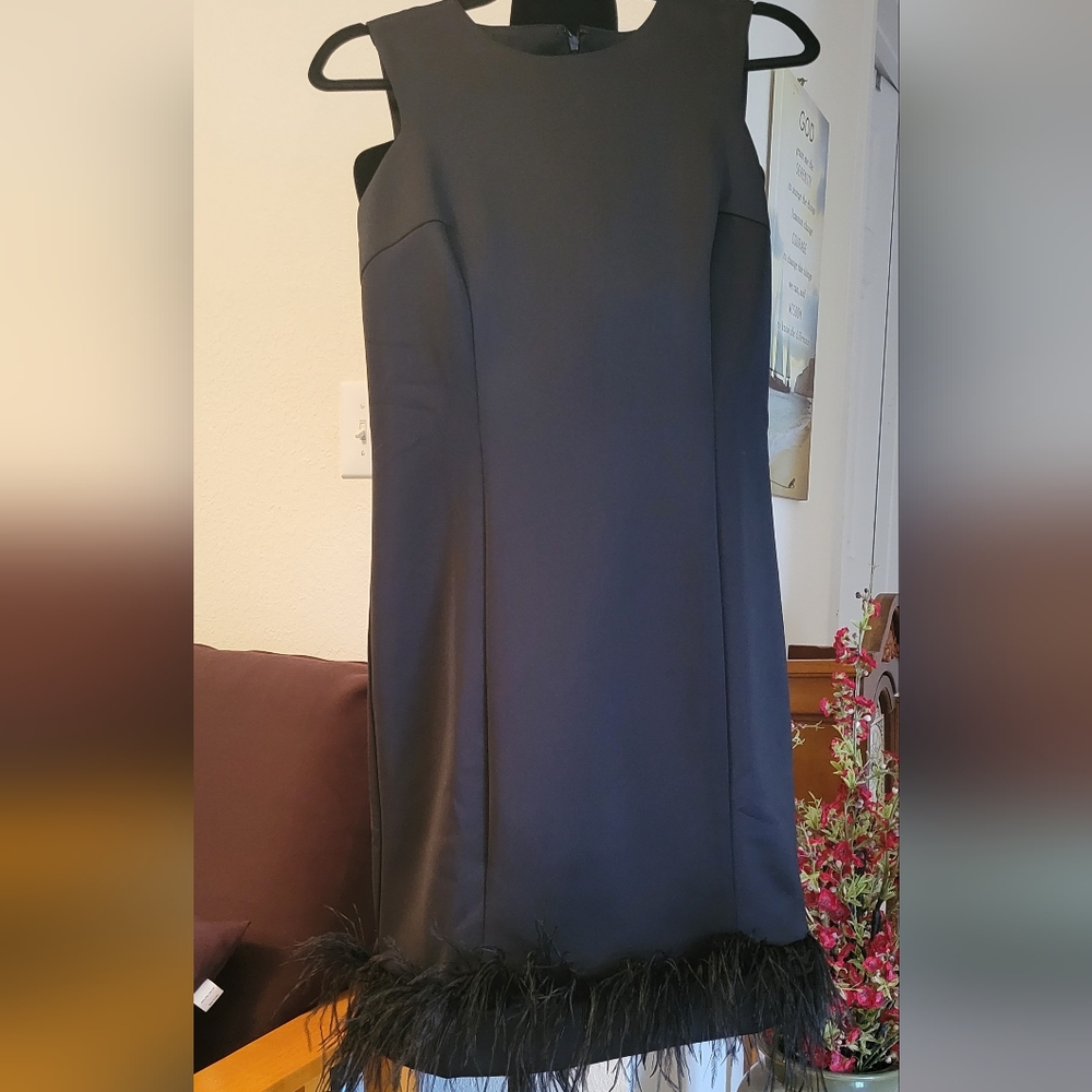 Donna Ricco Women's Sleeveless Feather Hem Sheath Dress